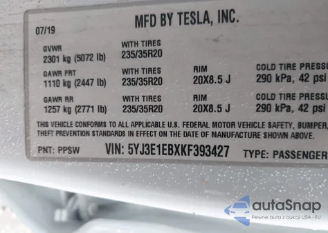 2019 Tesla Model 3 Long Range/Performance from USA, damaged, VIN 5YJ3E1EBXKF393427